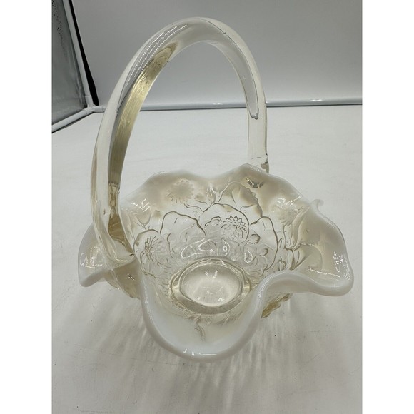 Fenton Handle Basket Bowl with Ruffled Edge Floral Pattern Opalescent Vintage - Picture 3 of 9